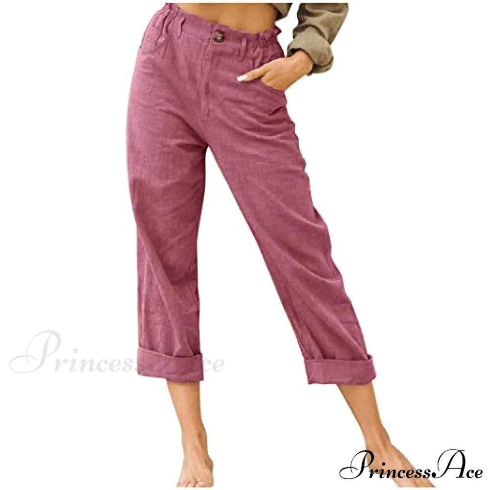 Linen Buttons Cropped Pants High Elastic Waist Stretch Capris