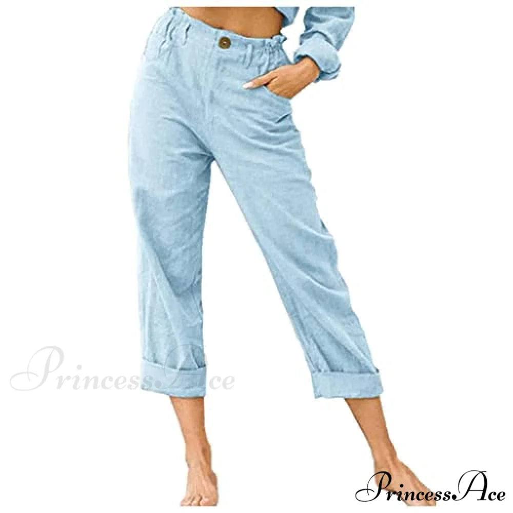 Linen Buttons Cropped Pants High Elastic Waist Stretch Capris