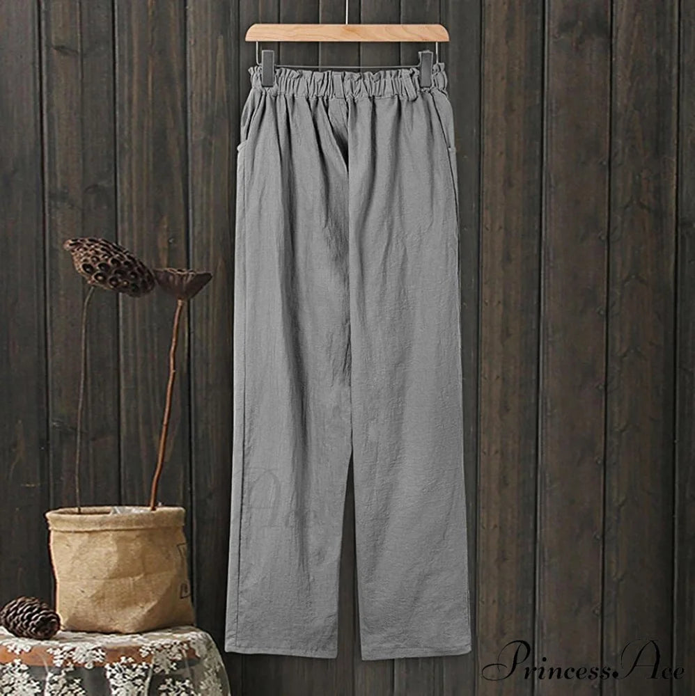 Linen Buttons Cropped Pants High Elastic Waist Stretch Capris