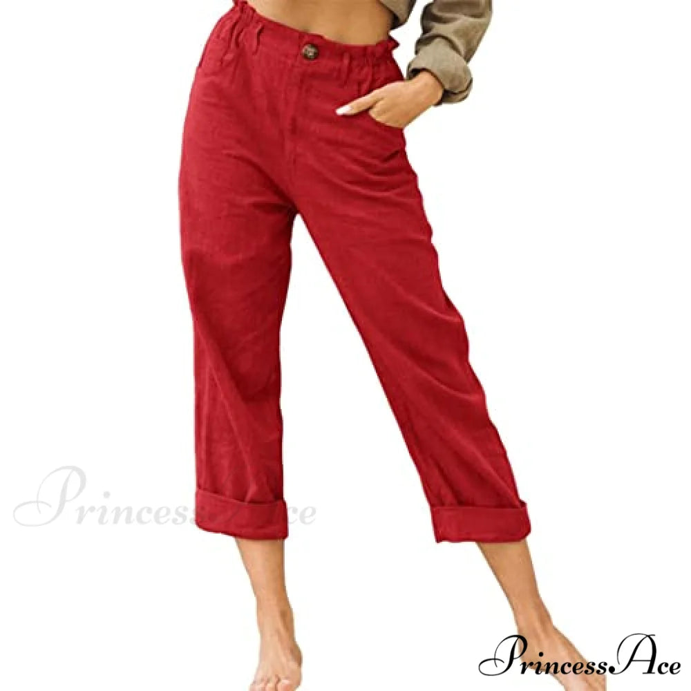 Linen Buttons Cropped Pants High Elastic Waist Stretch Capris