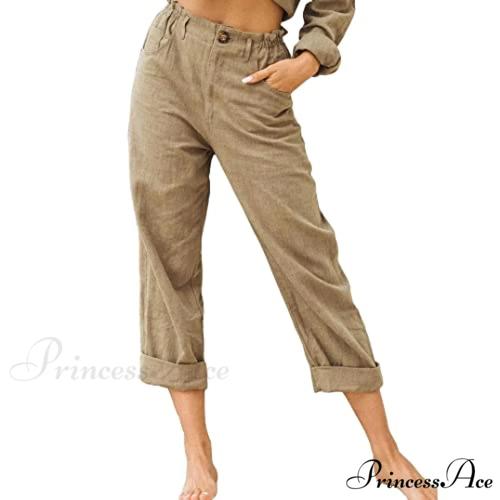 Linen Buttons Cropped Pants High Elastic Waist Stretch Capris