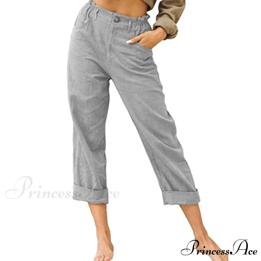Linen Buttons Cropped Pants High Elastic Waist Stretch Capris