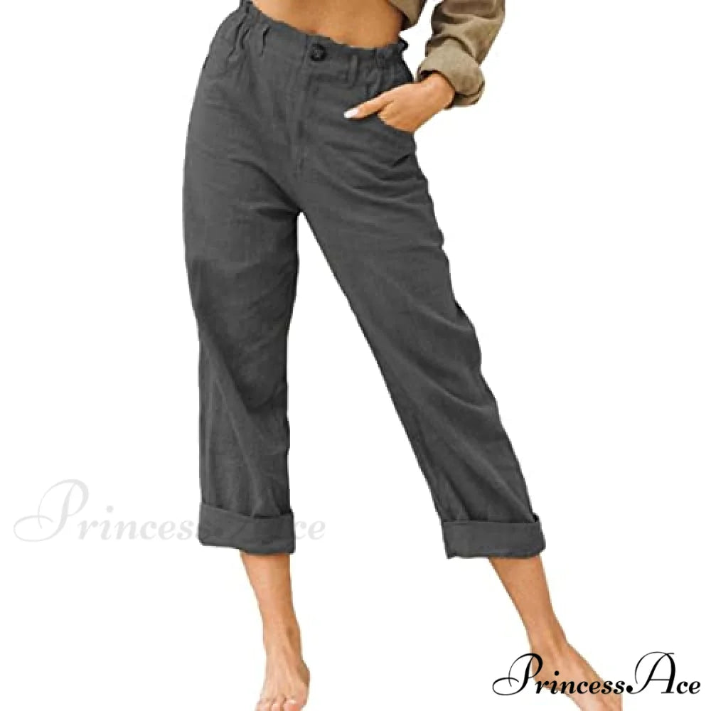 Linen Buttons Cropped Pants High Elastic Waist Stretch Capris