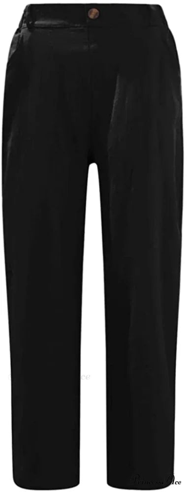 Linen Buttons Cropped Pants High Elastic Waist Stretch Capris