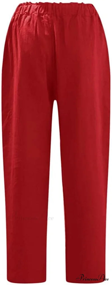 Linen Buttons Cropped Pants High Elastic Waist Stretch Capris