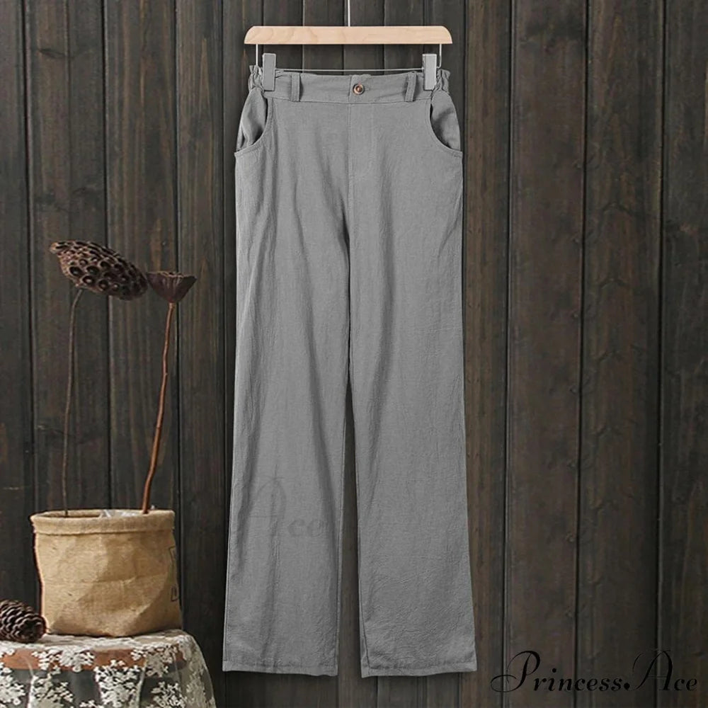 Linen Buttons Cropped Pants High Elastic Waist Stretch Capris