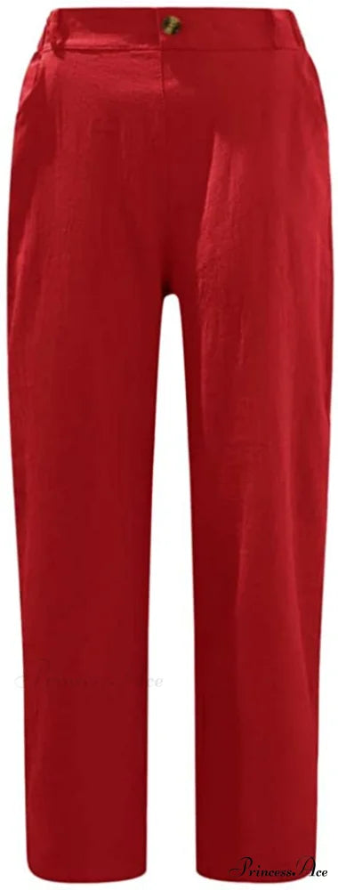 Linen Buttons Cropped Pants High Elastic Waist Stretch Capris