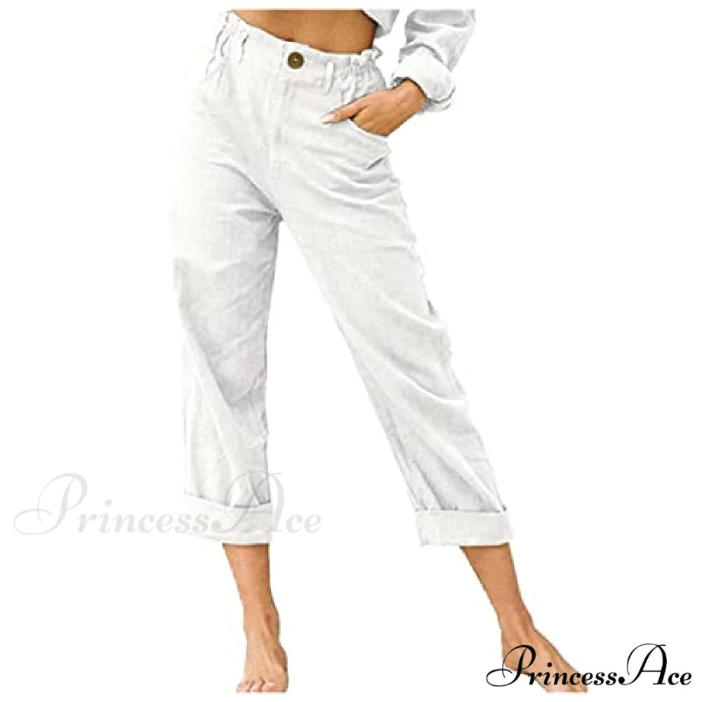 Linen Buttons Cropped Pants High Elastic Waist Stretch Capris