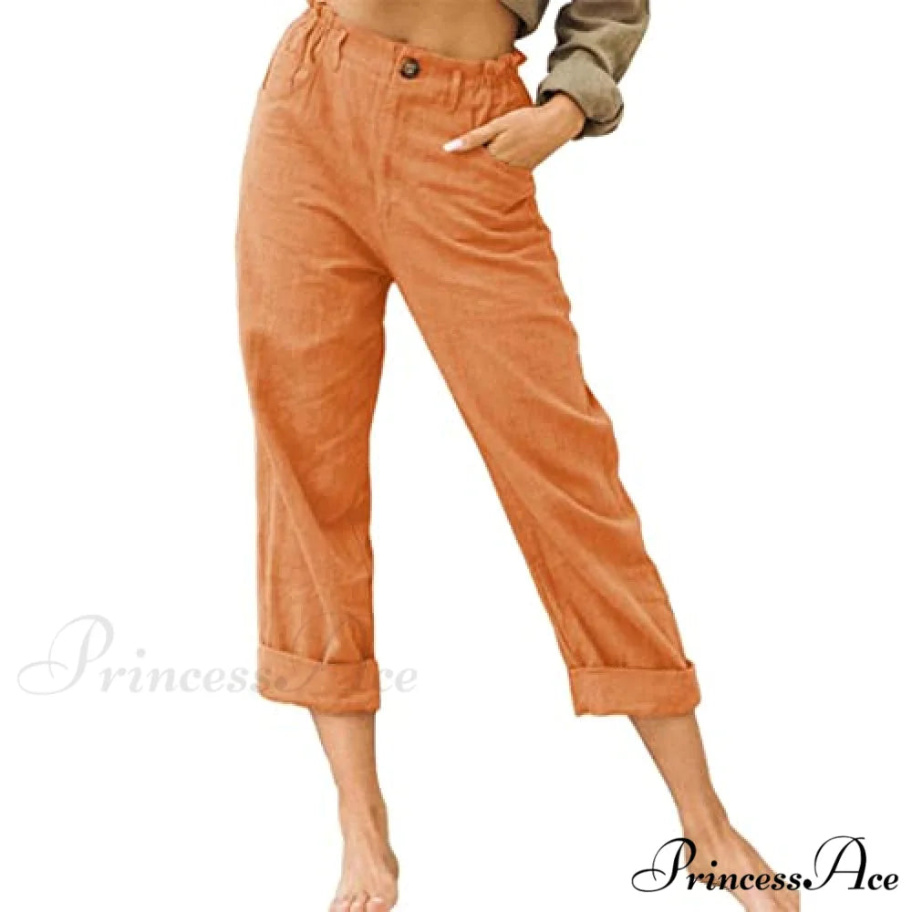 Linen Buttons Cropped Pants High Elastic Waist Stretch Capris