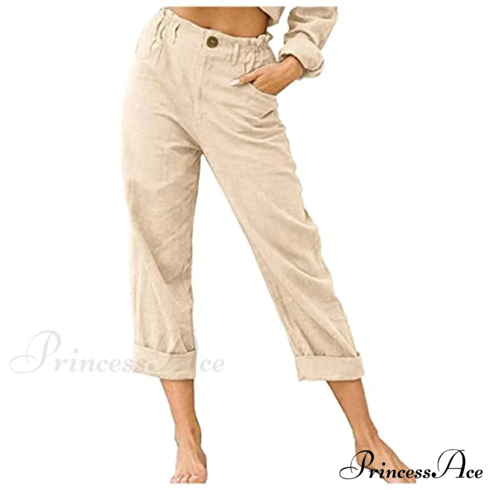 Linen Buttons Cropped Pants High Elastic Waist Stretch Capris