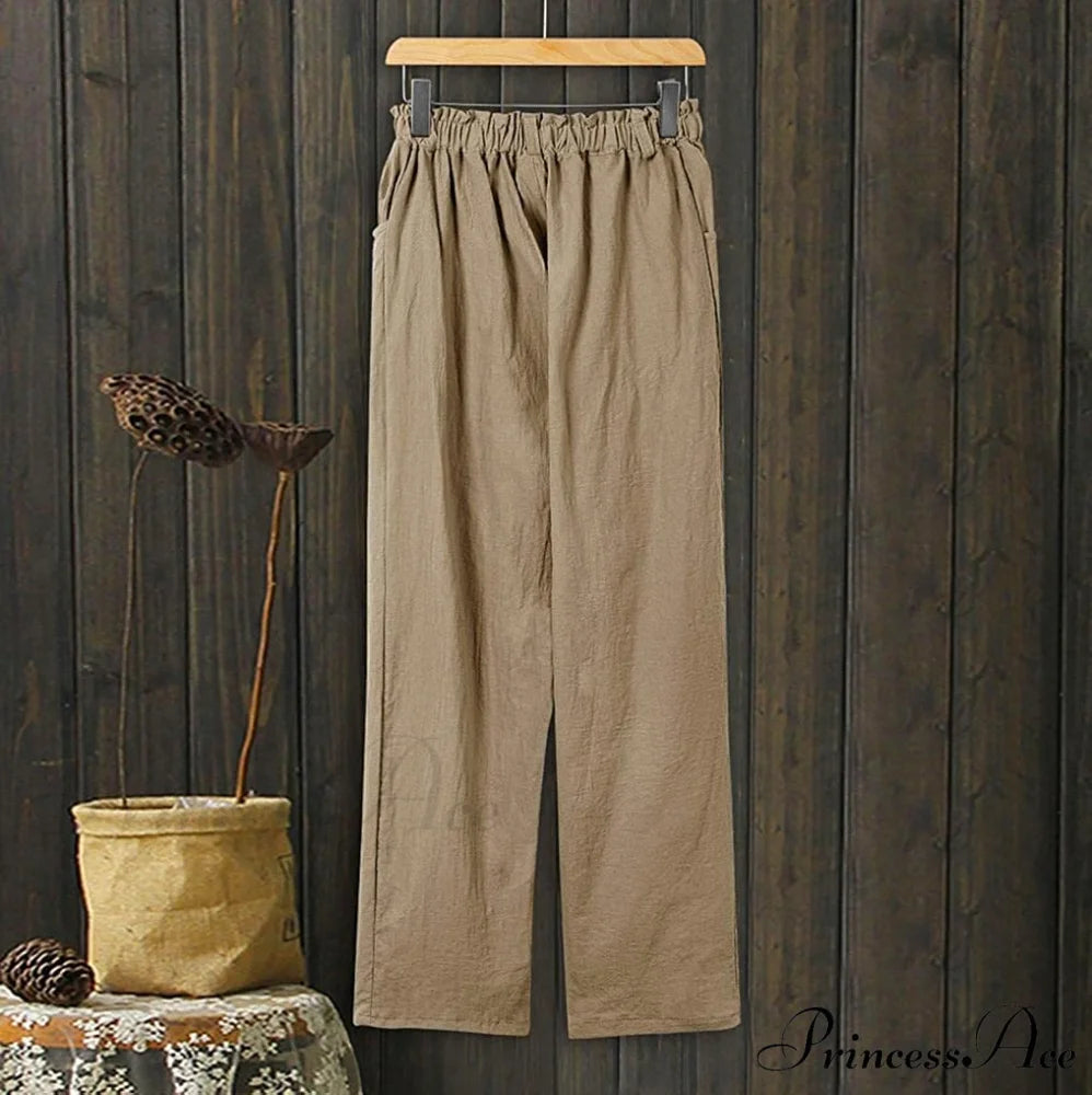 Linen Buttons Cropped Pants High Elastic Waist Stretch Capris