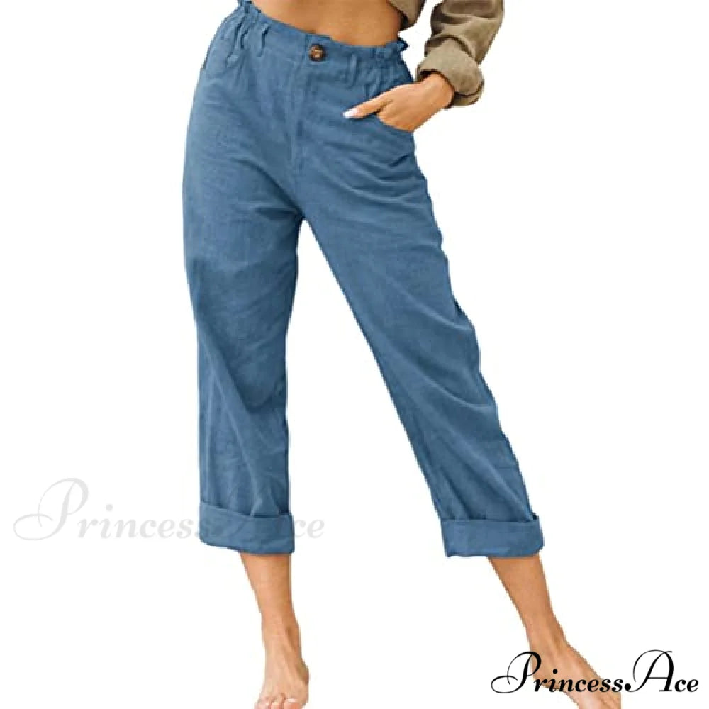 Linen Buttons Cropped Pants High Elastic Waist Stretch Capris