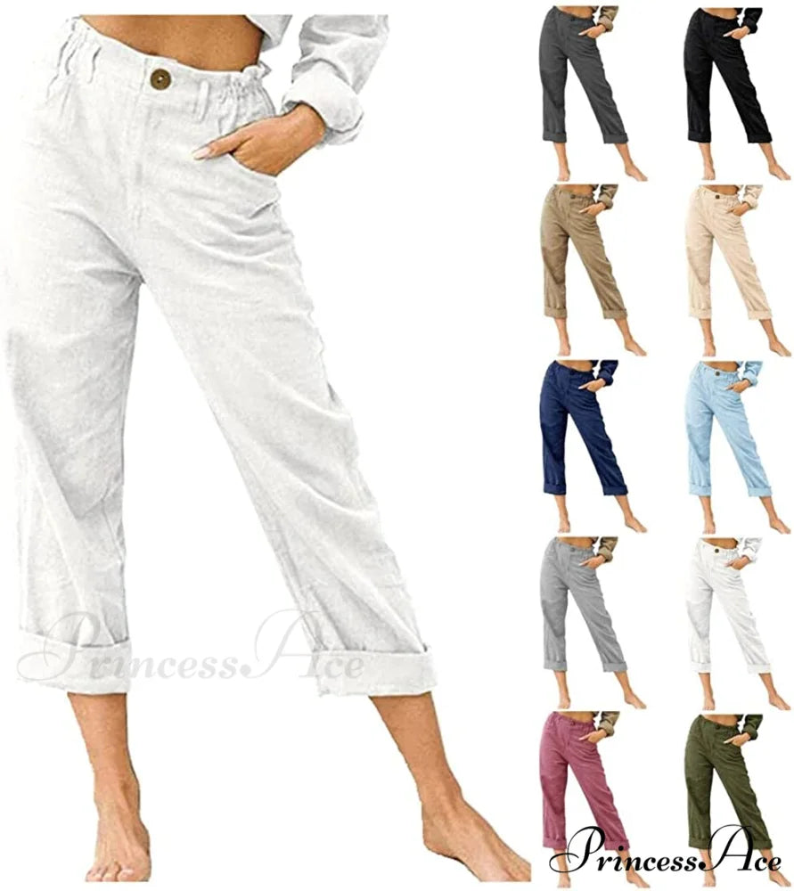 Linen Buttons Cropped Pants High Elastic Waist Stretch Capris