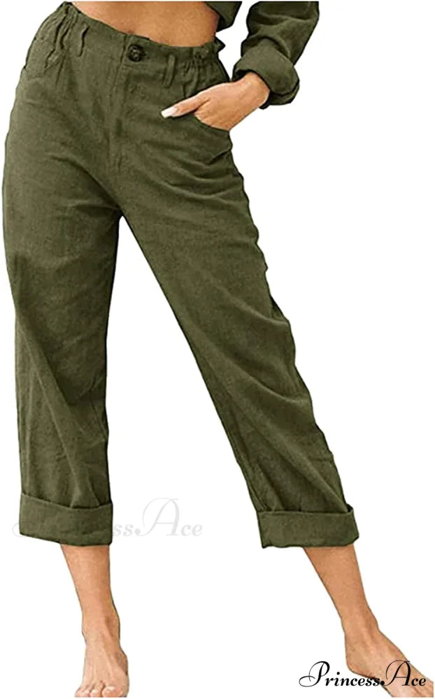Linen Buttons Cropped Pants High Elastic Waist Stretch Capris Army Green / X-Large