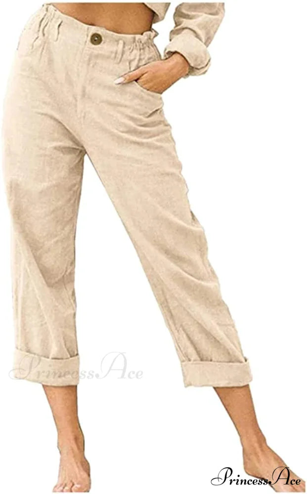 Linen Buttons Cropped Pants High Elastic Waist Stretch Capris Beige / X-Large
