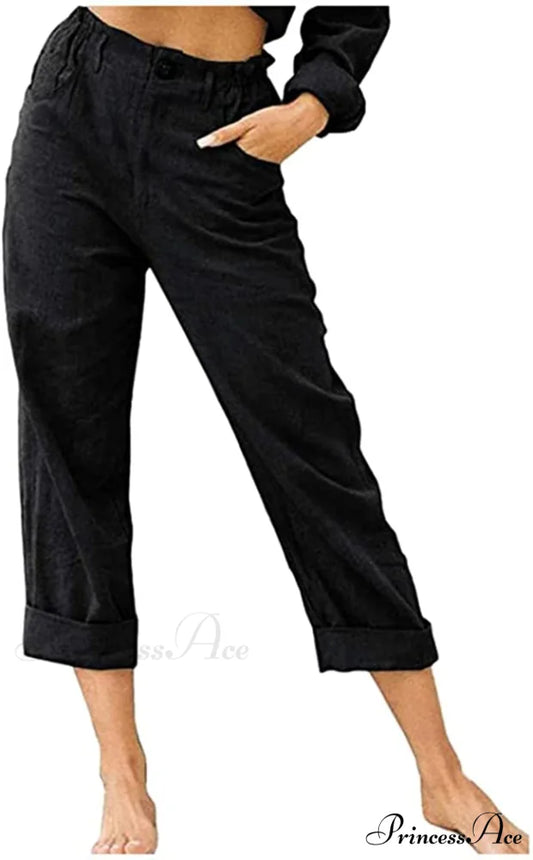 Linen Buttons Cropped Pants High Elastic Waist Stretch Capris Black / X-Large