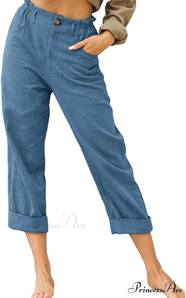 Linen Buttons Cropped Pants High Elastic Waist Stretch Capris Dark Blue / X-Large
