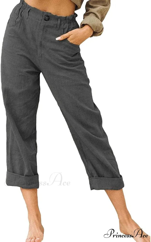 Linen Buttons Cropped Pants High Elastic Waist Stretch Capris Dark Gray / X-Large