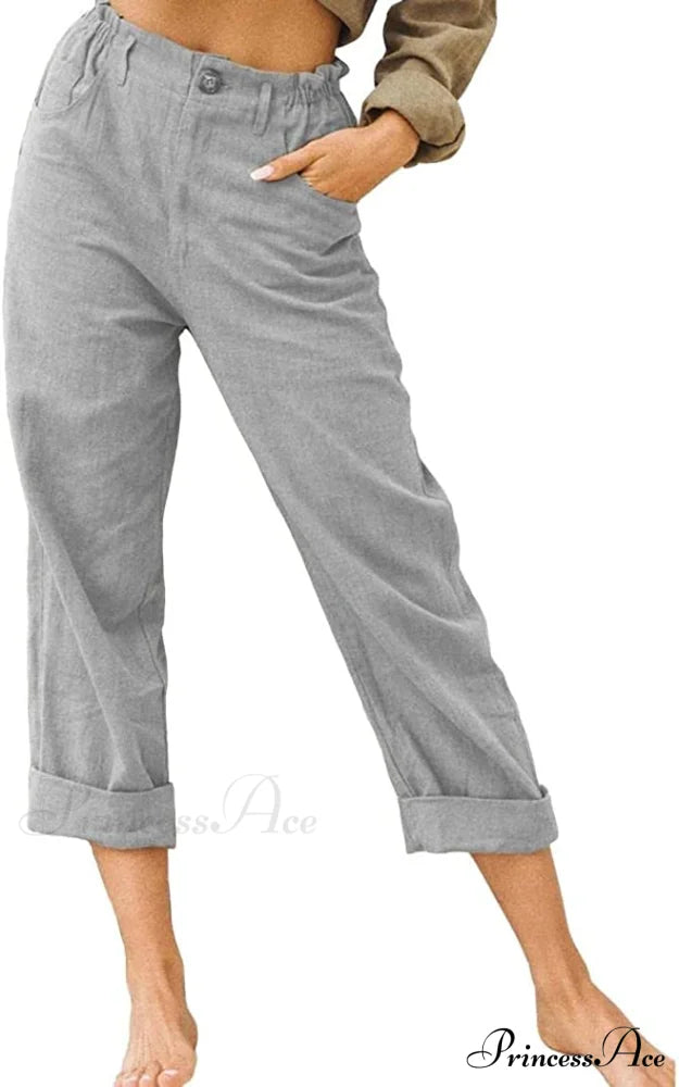 Linen Buttons Cropped Pants High Elastic Waist Stretch Capris Gray / X-Large