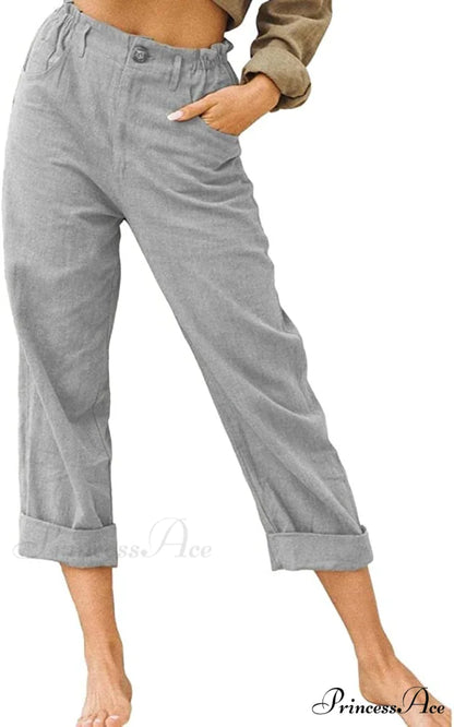 Linen Buttons Cropped Pants High Elastic Waist Stretch Capris Gray / X-Large