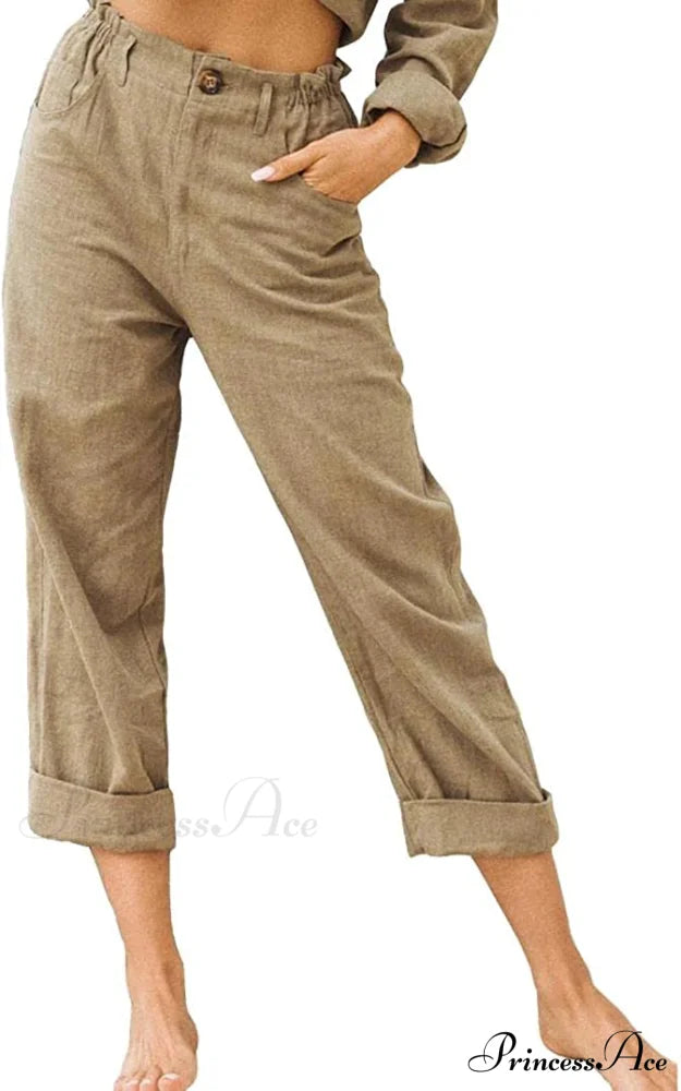 Linen Buttons Cropped Pants High Elastic Waist Stretch Capris Khaki / X-Large