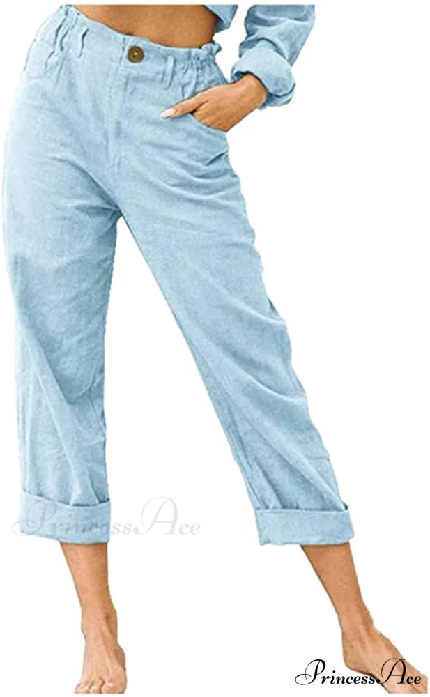 Linen Buttons Cropped Pants High Elastic Waist Stretch Capris Light Blue / X-Large