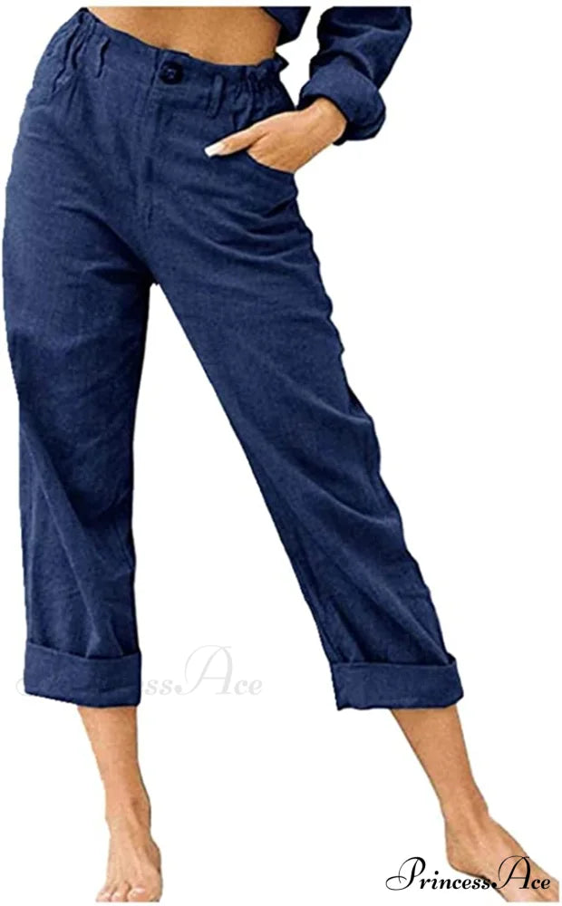 Linen Buttons Cropped Pants High Elastic Waist Stretch Capris Navy / X-Large