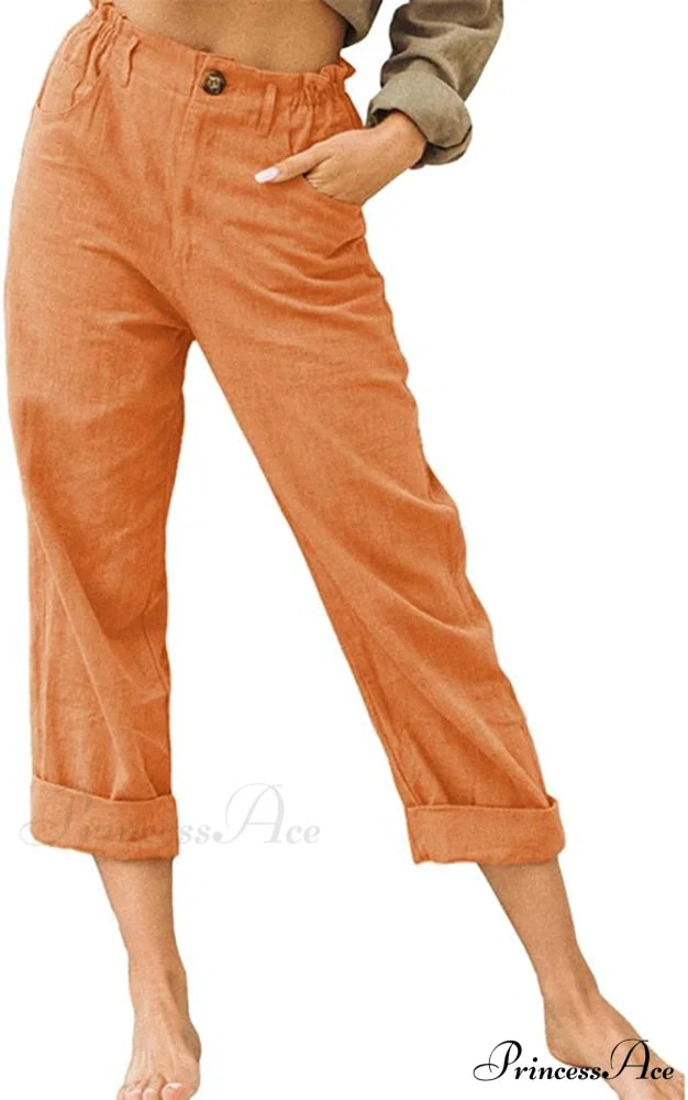 Linen Buttons Cropped Pants High Elastic Waist Stretch Capris Orange / X-Large