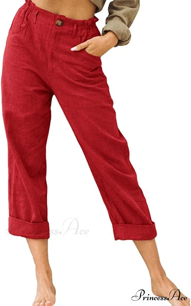 Linen Buttons Cropped Pants High Elastic Waist Stretch Capris Red / X-Large