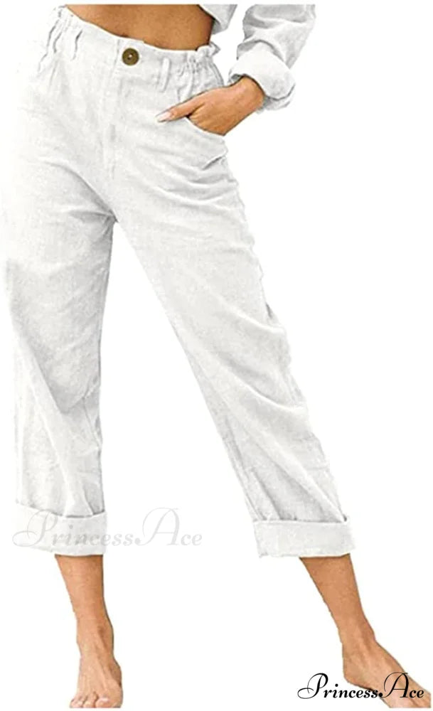 Linen Buttons Cropped Pants High Elastic Waist Stretch Capris White / X-Large