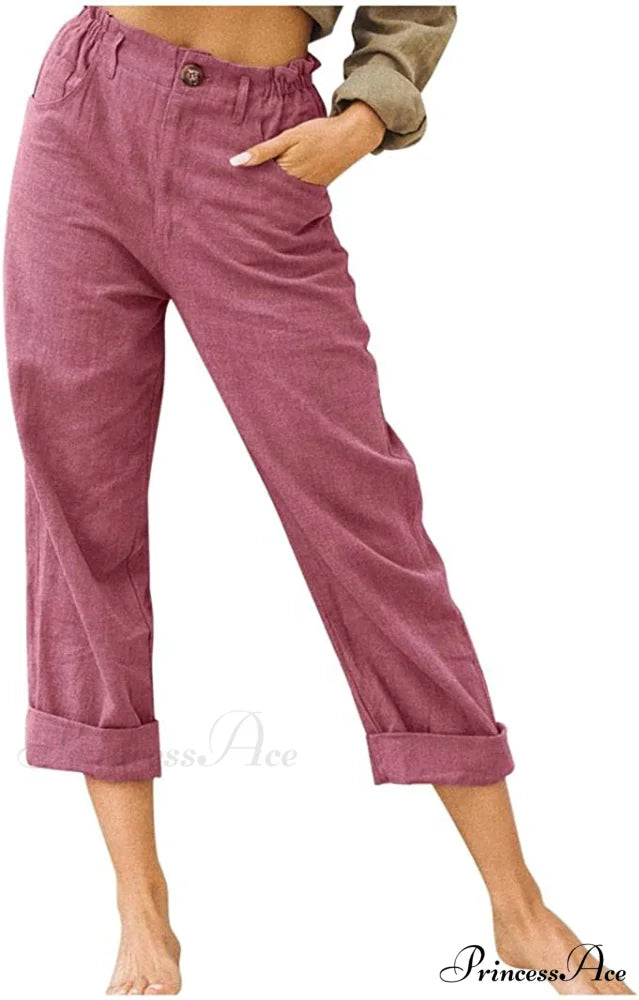 Linen Buttons Cropped Pants High Elastic Waist Stretch Capris Wine / X-Large