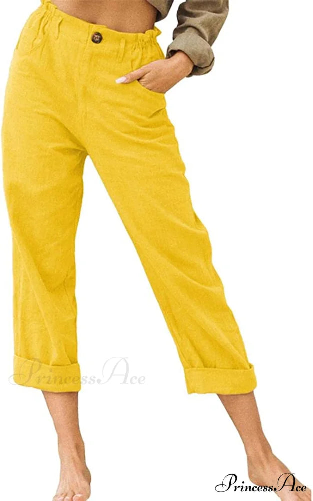 Linen Buttons Cropped Pants High Elastic Waist Stretch Capris Yellow / X-Large