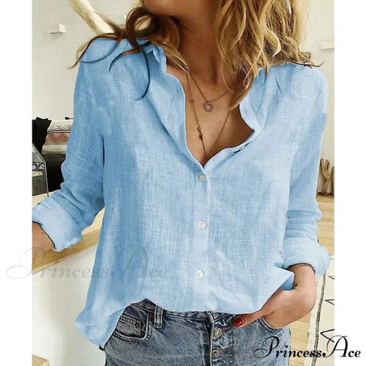 Linen Cotton Button-up Navy Office Blouse Blue / S blouse-250126