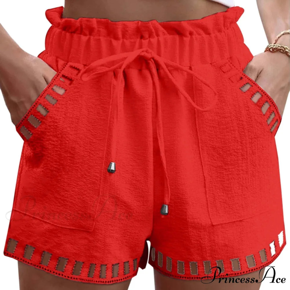 Linen Cotton Hollowed-Out Seaside Short Red / S short-250223