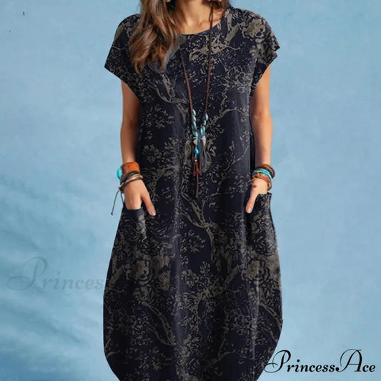 Linen Loose Round-neck Floral Dress Black / S oldfloraldress-250126