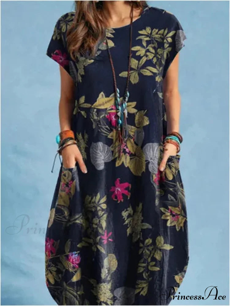 Linen Loose Round-neck Floral Dress Dark blue / S oldfloraldress-250126