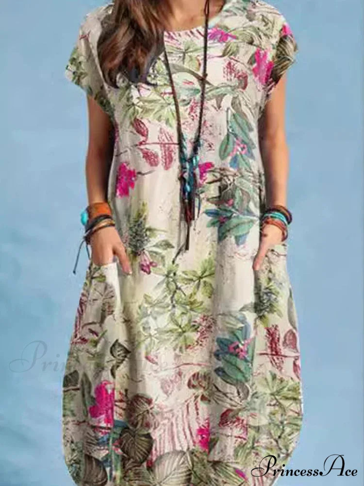 Linen Loose Round-neck Floral Dress oldfloraldress-250126