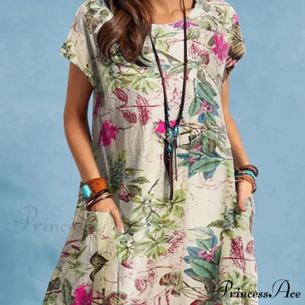 Linen Loose Round-neck Floral Dress oldfloraldress-250126
