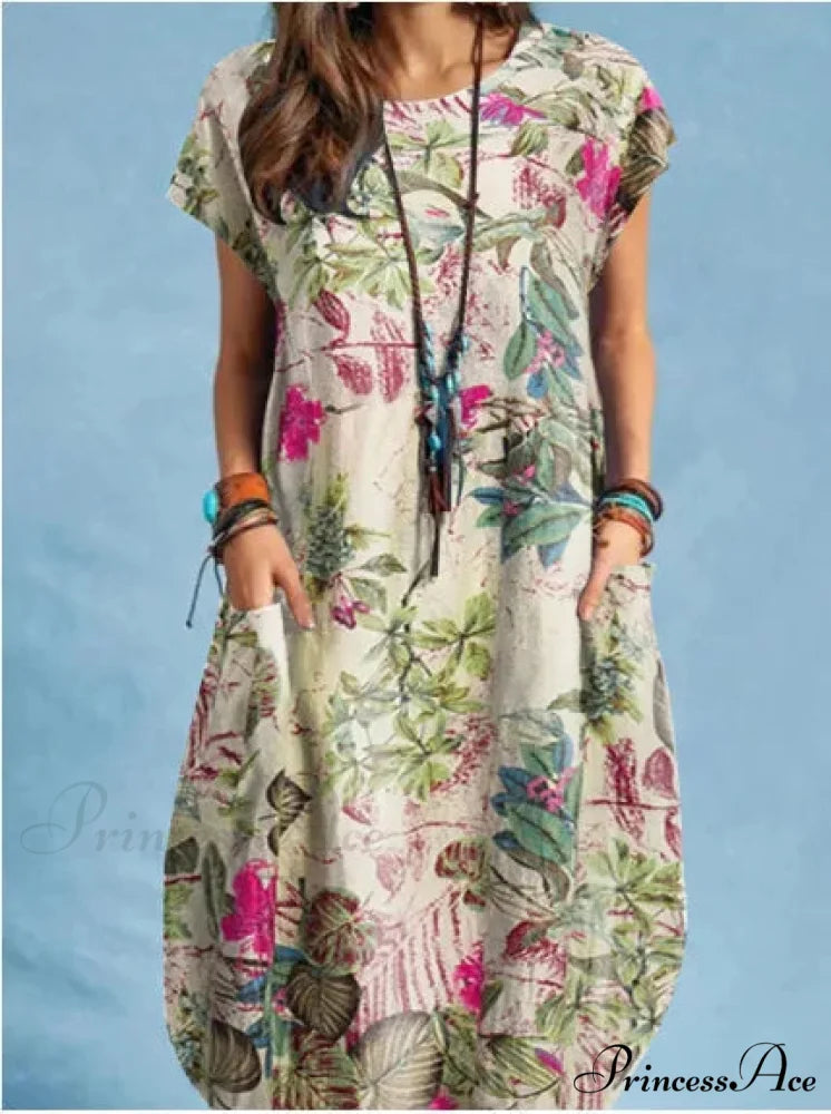 Linen Loose Round-neck Floral Dress Purplish Red / S oldfloraldress-250126