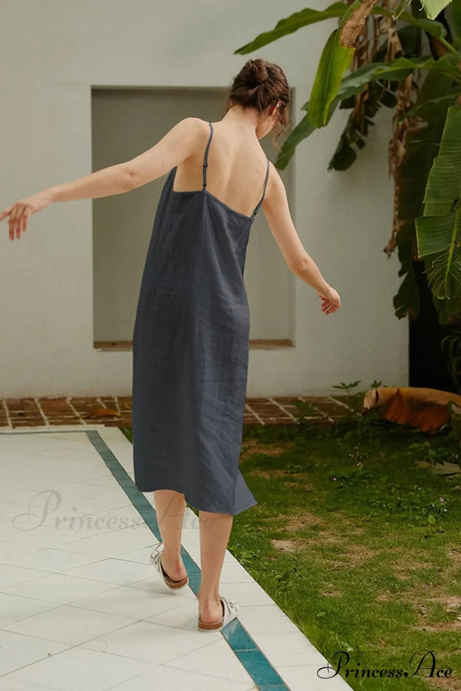 Linen Slip Dress with Daisy Embroidery Grey Blue / L