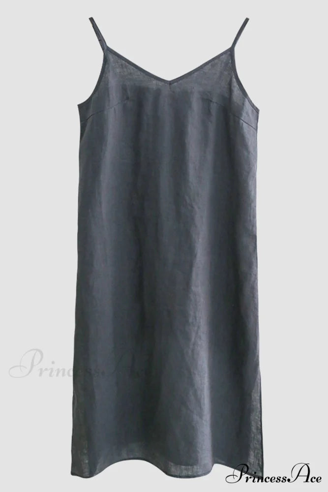 Linen Slip Dress with Daisy Embroidery Grey Blue / S
