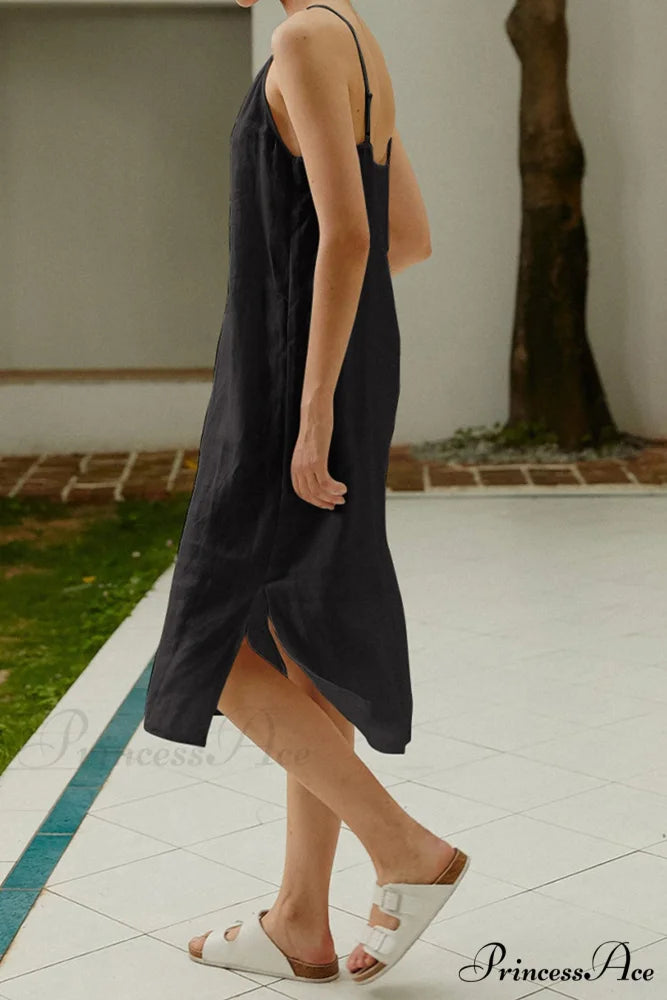 Linen Slip Dress with Daisy Embroidery Grey Blue / XL