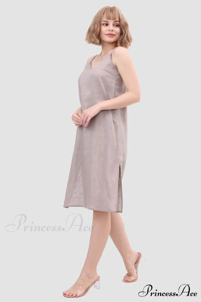 Linen Slip Dress with Daisy Embroidery Grey / M