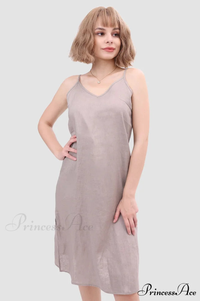 Linen Slip Dress with Daisy Embroidery Grey / S