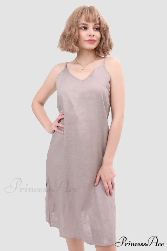 Linen Slip Dress with Daisy Embroidery Grey / S