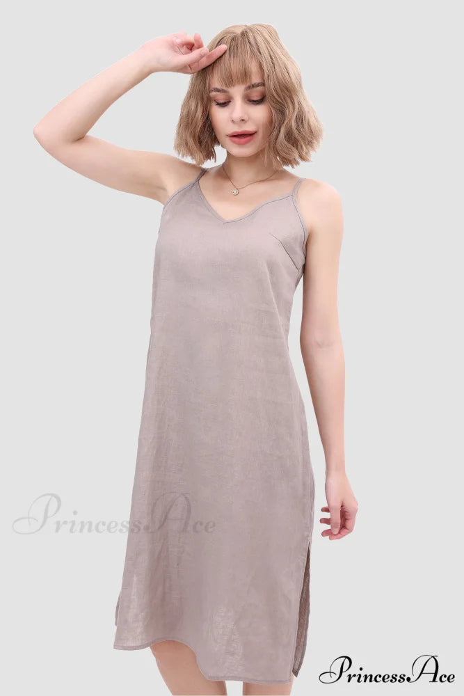 Linen Slip Dress with Daisy Embroidery Grey / XL