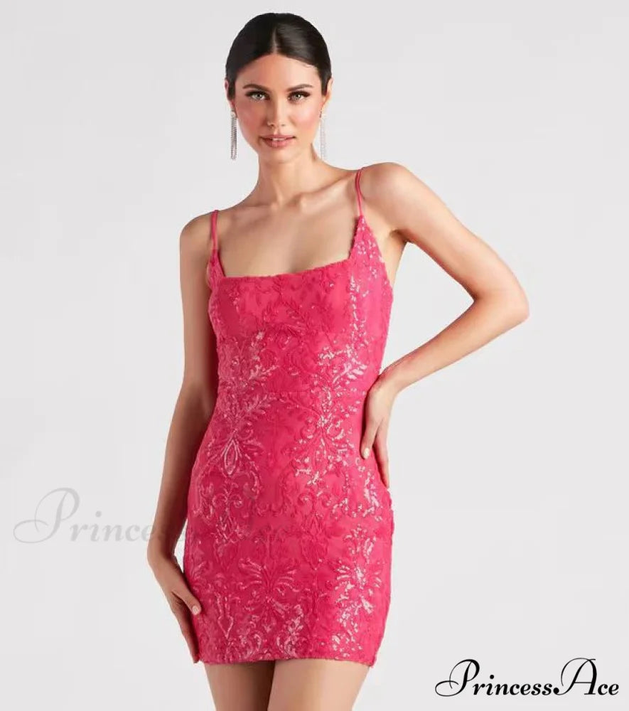 Lissie Formal Stylish Sequin Mini Dress rose red / S