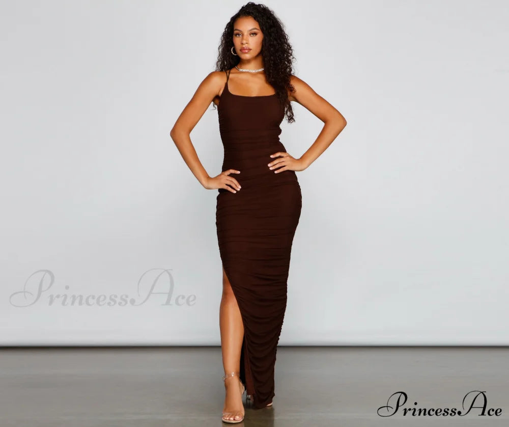 Liza Formal Ruched Charming High Slit Dress BROWN / XS