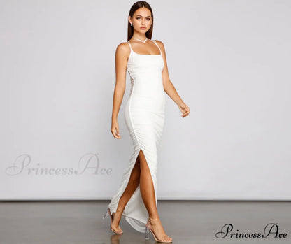 Liza Formal Ruched Charming High Slit Dress WHITE / XS