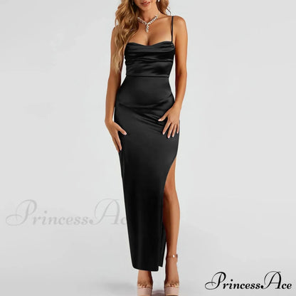 Lola High Slit Charming Satin Dress 2 Black / S